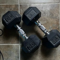 30 lb Dumbbells Pair (60 lbs total) – Rubber Hex – Like New