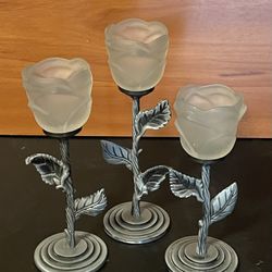 Metal And Glass Rose Candle Holders 