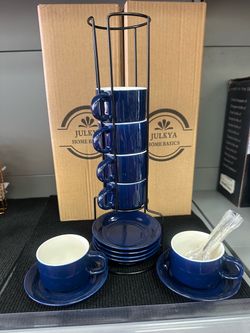 2.5 OZ Porcelain Stackable Espresso Cups and Metal Stand Set of 6/ New in Box