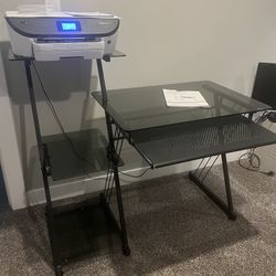 DESK, PRINTER, AND BOOK CASE