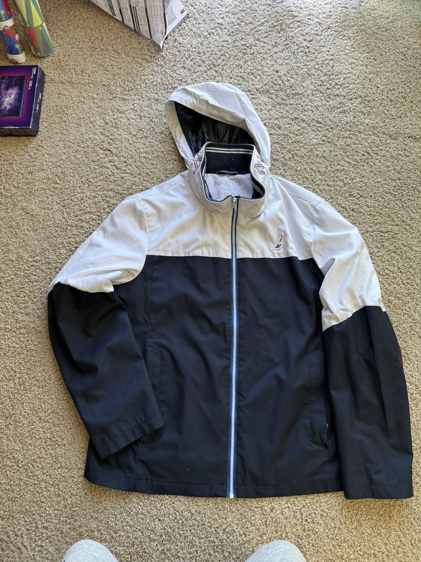 Nautica White And Blue Wind Breaker With Hood L