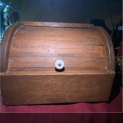 Vintage Wooden Roll Top Bread Box Rustic Primitive Farmhouse with porcelain knob