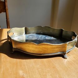 Vintage Brass Gallery Vanity Serving Tray with Handles, Footed, Etched, Tarnish