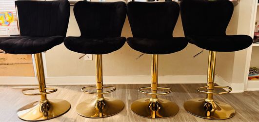 Set of 4 Black Velvet/Gold Adjustable Bar Stools