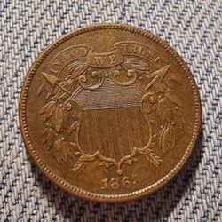 61SX270 REALLY COOL REPUNCHED ERROR 1865 2 CENT PIECE BOLD DETAIL 
