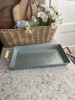 Galvanized decor tray with wood handles $10