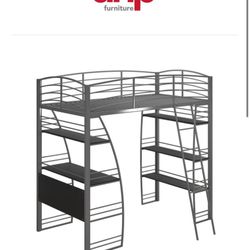 Kids Loft Bunk Bed Over Desk and Bookshelves 