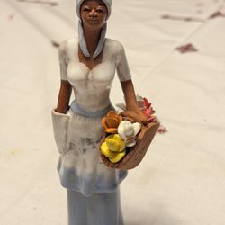 Vintage Red Clay Jamaican Creole Lady Carrying a Basket of Flower fFgurine