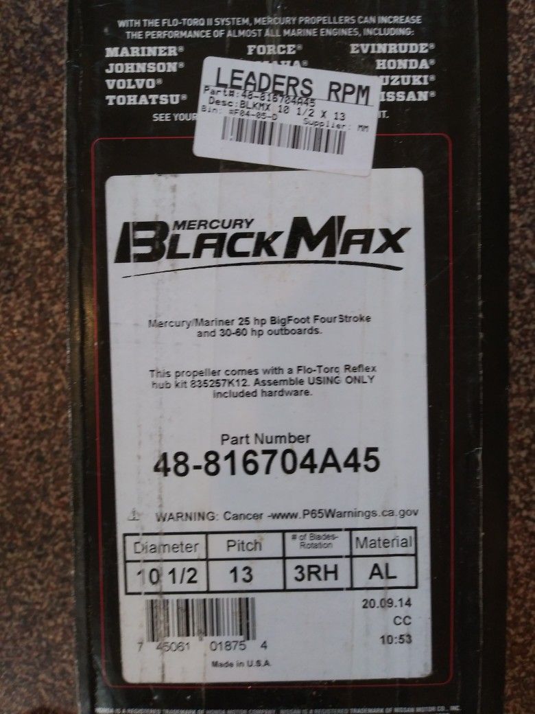 Brand New Mercury Black Max 10.5 By 13 Pitch Prop