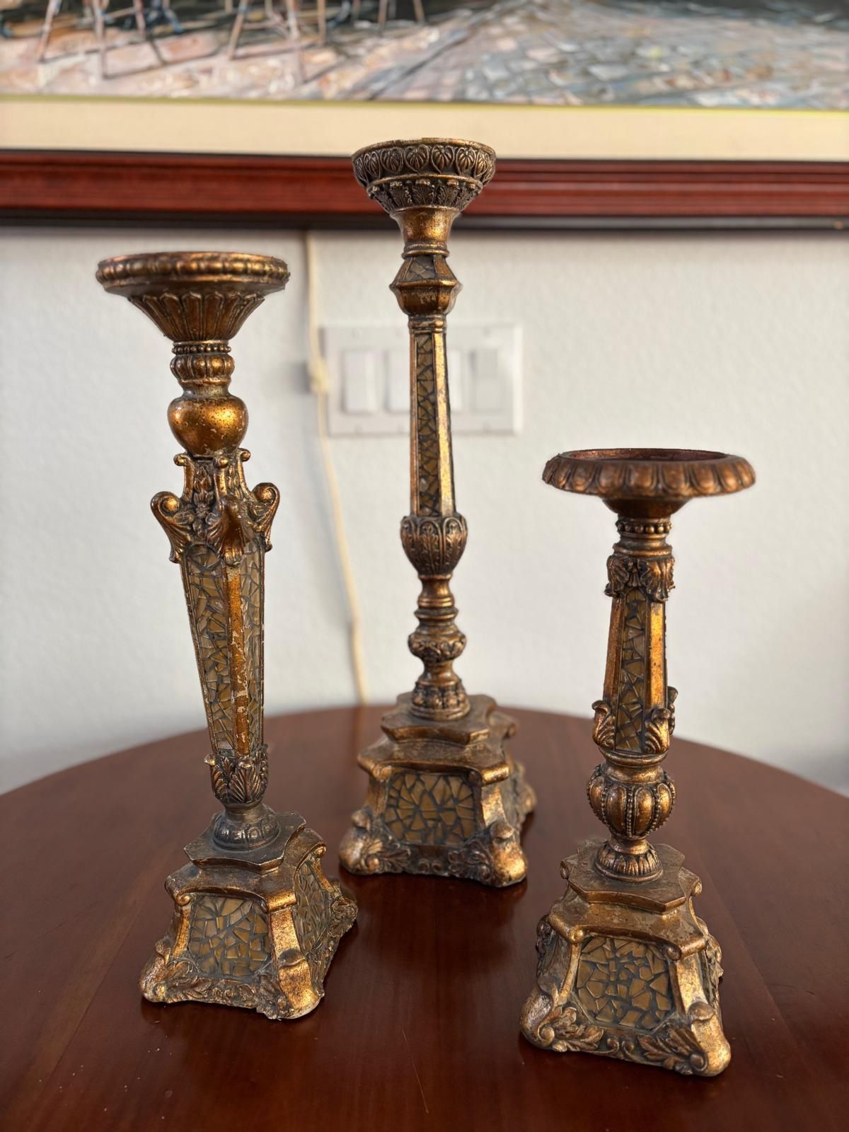 Three Large Gold Pillar Mosaic Candle Holder