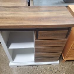 32 in. Solid White/Rustic Oak Rustic Farmhouse Sliding Slat Door Accent Console