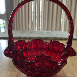Vintage Fenton Art Glass Amberina Thumbprint Basket Ruffled Crimped Edge 8 1/2”