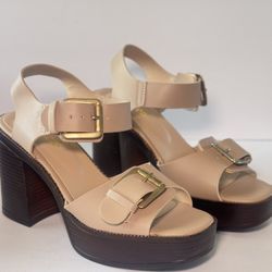 Chunky Nude Leather Platform Sandals with Gold Buckles Size 7.5