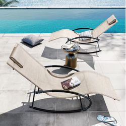 Set of 2 Patio Rocking Chair Curved Rocker Chaise Brown Metal Frame Rocking Chair with Off-white Mesh Seat