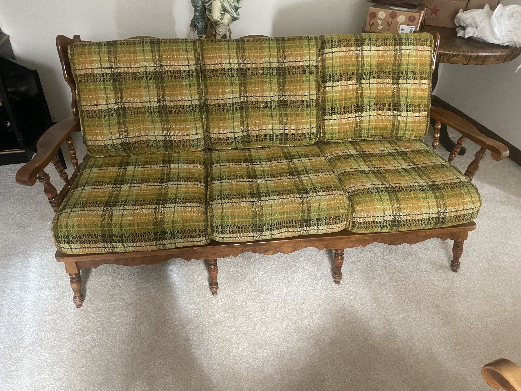 Vintage Wood Frame Couch With Upholstered Seat Cush