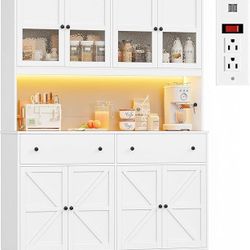 71" Pantry Cabinet with LED Light and Charging Station, Farmhouse Kitchen Pantry Cabinet with Microwave Stand, 47.2" Wide Kitchen Hutch Food Pantry wi