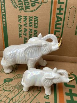 White Lusterware Elephant With Her Baby Tusks  Figurine Made In Taiwan