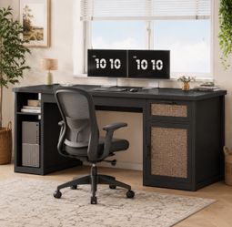 Black Farmhouse Rattan Computer Desk
