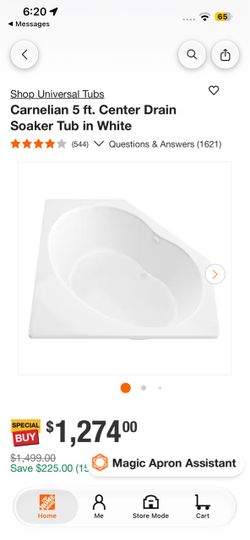 Carnelian 5 ft. Center Drain Soaker Tub in White