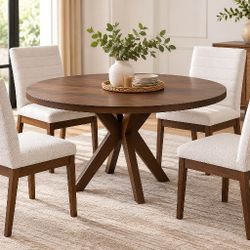  5-Piece Dining Set – Round Walnut Table + 4 Chairs-Modern Mid century Style