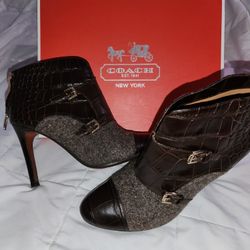 coach tina brown leather tweed wool booties Croc Embossed Buckles 