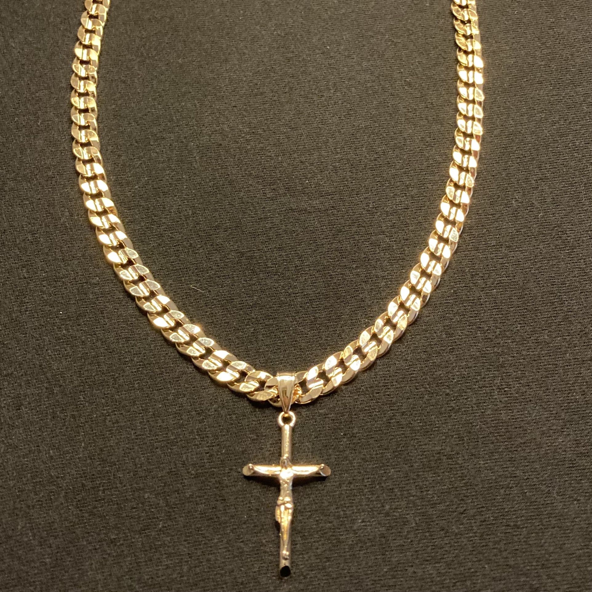 Gold Chain Cuban Link Necklace 20in 7mm And Gold Cross Crucifix Pendant Set 