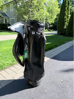 Vintage Ron Miller Johnnie Walker Golf Bag Brown Leather w/ Rain Cover Made in USA