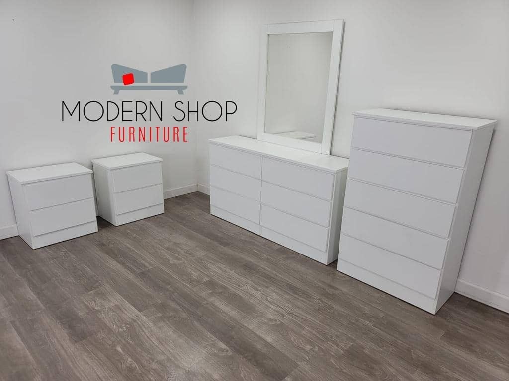 DRESSER WITH MIRROR, CHEST AND TWO NIGHSTANDS