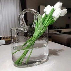 Glass Purse Vase, Handbag-Shaped Flower Vase with Handle, Clear Glass Vases for Home Décor, Weddings, Events, Office, or Table Centerpieces