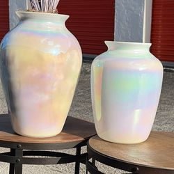2 Vintage Pearlescent Opalescent Rainbow Glass Vase