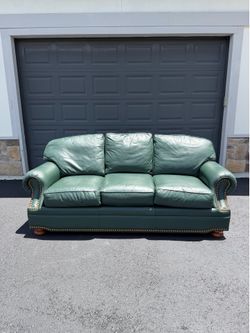 Vintage Green Leather Roll Arm Sofa by Thomasville