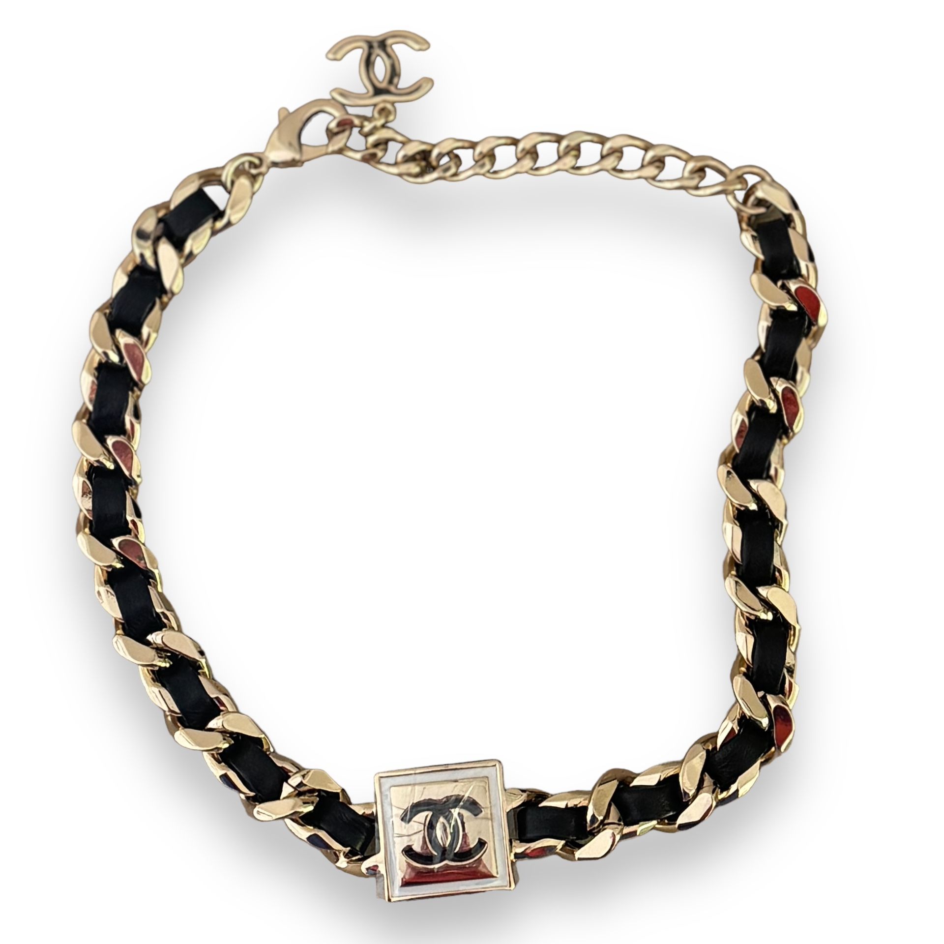 Authentic Chanel Gold Metal Link / Leather Choker