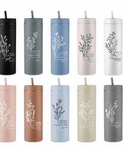 Skinny Tumbler with Straw Bible Verse Floral Design