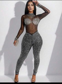 Women's Fashionable Solid Color Mesh Shiny Rhinestone Long Sleeve Jumpsuit, Suitable For Holidays And Graduation Ceremony Wedding Black Party Fall