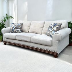 White Geneva 90” Classic Sofa with Decorative Studded Wood Trim