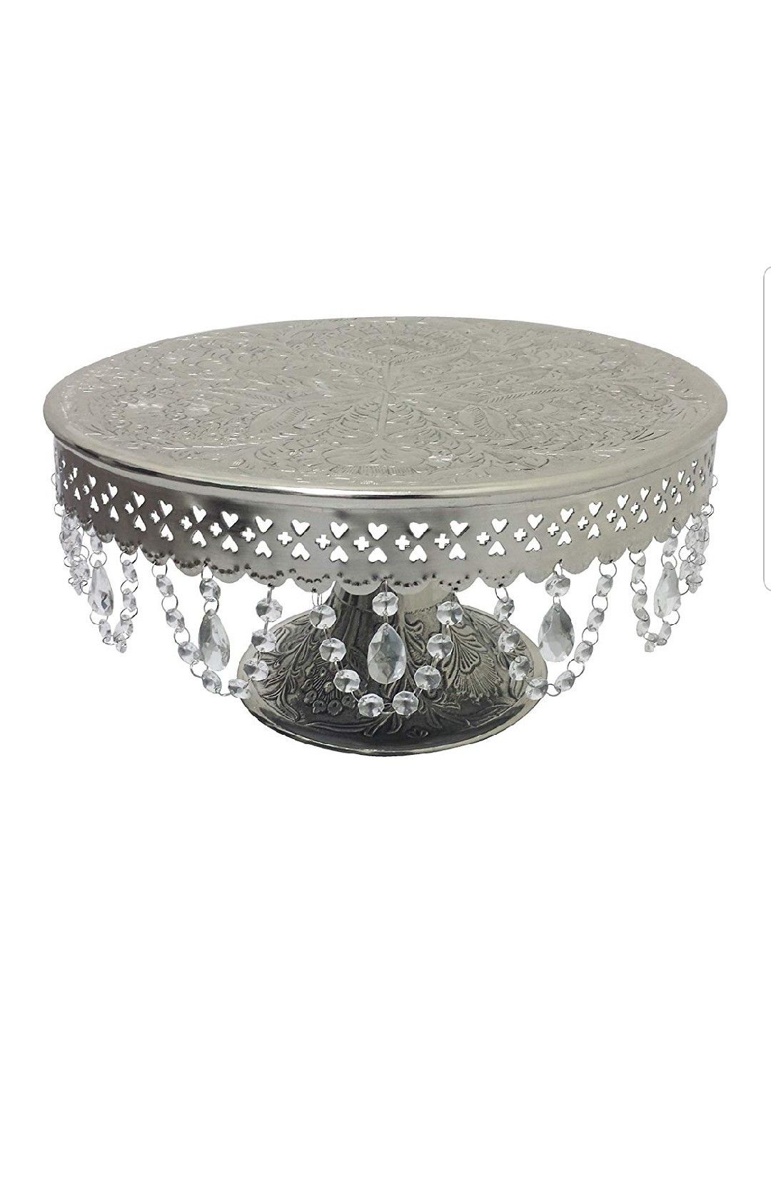 Wedding Cake Stand Round Pedestal Silver finish 16" with Clear Hanging Glass Crystals