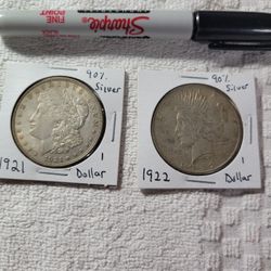 1921 Morgan Dollar & 1922 Peace Dollar, 90% Silver 