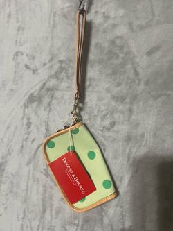 Dooney & Bourke Celery Green Polka Dot Logo Flap Wristlet Leather Trim