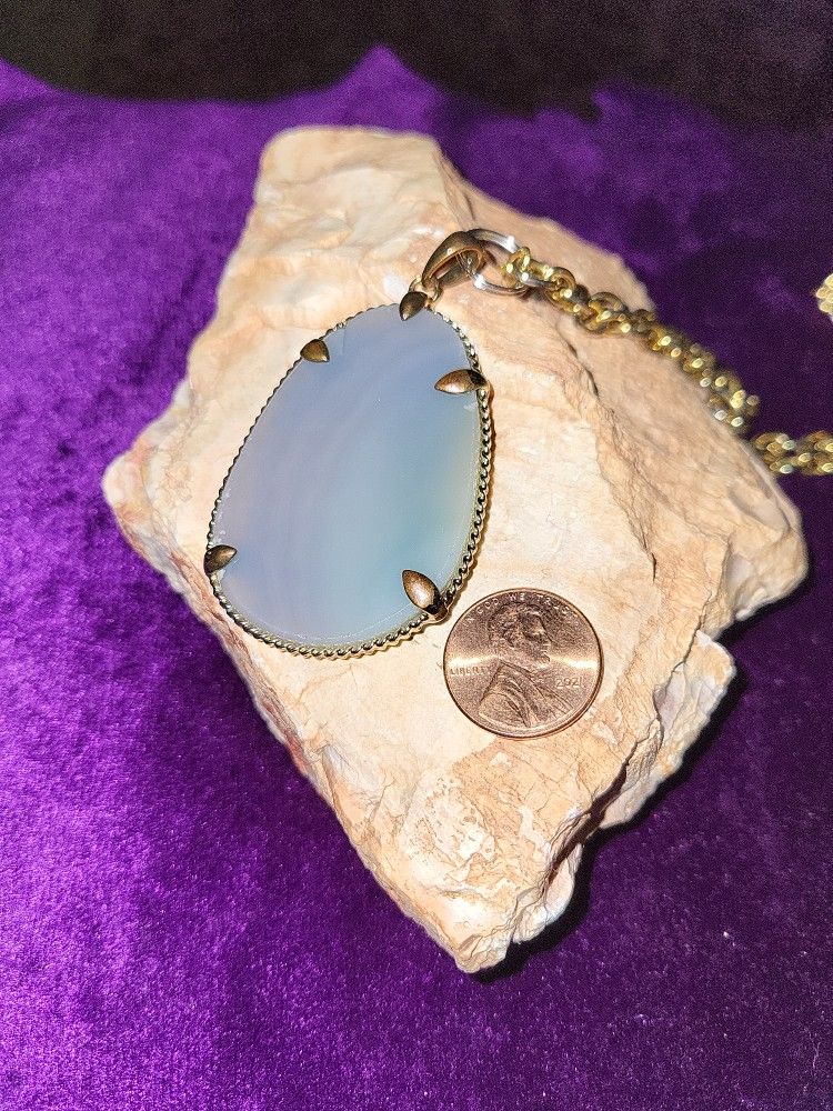 Blue Grey Stone Pendant On Gold Chain