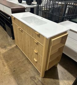 48" Fluted Bathroom Vanity with Sink & Faucet Combo, Modern Vanity Cabinet with Door, 5 Drawers and Side Shelves, Natural Oak
