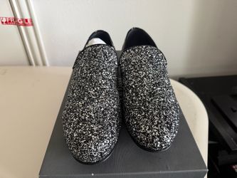 Jimmy Choo "Sloane" Coarse Glitter Fabric Slippers / Loafers
