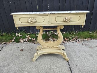 Vintage Mahogany French Provincial styled Marble Top Harp Entry Table / Sofa Table