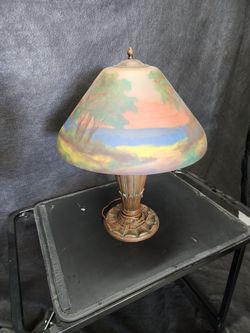 Antique Reverse Hand-Painted Landscape Table Lamp – Textured Chipped Ice Glass Dome – c. 1920