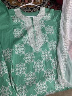 white wool embroidered Long shirt, Embroidered trousers and dupatta size Large