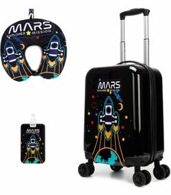Kids Luggage Set Carry On Rolling Suitcase with U shaped Pillow Toddler Suitcase for Boys Travel Set Rocket Hardside Luggage with Spinner Wheels Airli