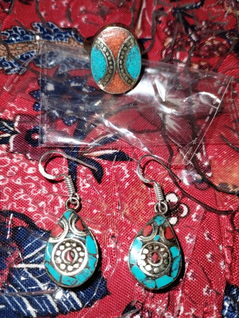 Tibetan Silver 925 Set Coral+Turquoise Inset