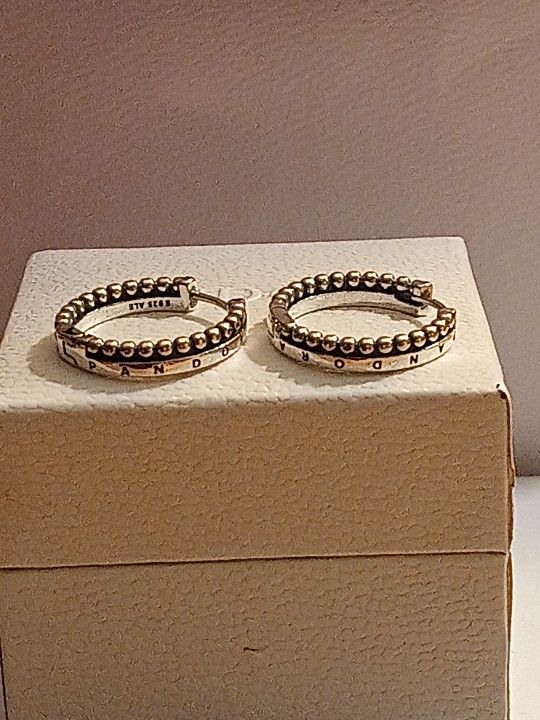 Pandora Authentic New Sterling Silver Signature Half Beaded Hoops