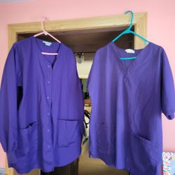Sz L 1 Purple. Scrub Jacket And matching Scrub Shirt, 1 Teal Scrub Jacket 