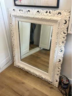 Large Ornate Distressed White Wood Wall Mirror
