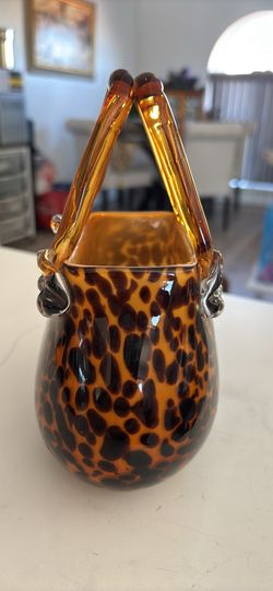 Vintage Murano Style Glass Cheetah Purse/Vase with Handle